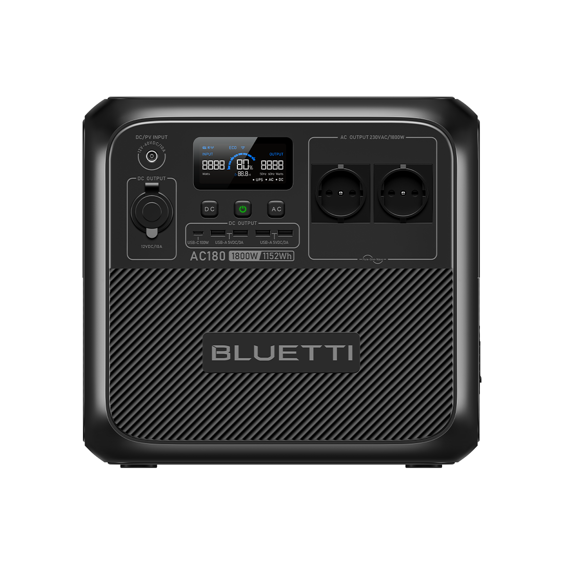 BLUETTI AC180 Powerstation Frontansicht mit Display und zwei Schuko-Steckdosen