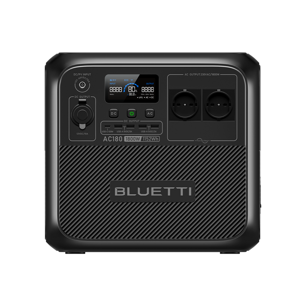 BLUETTI AC180 Powerstation Frontansicht mit Display und zwei Schuko-Steckdosen