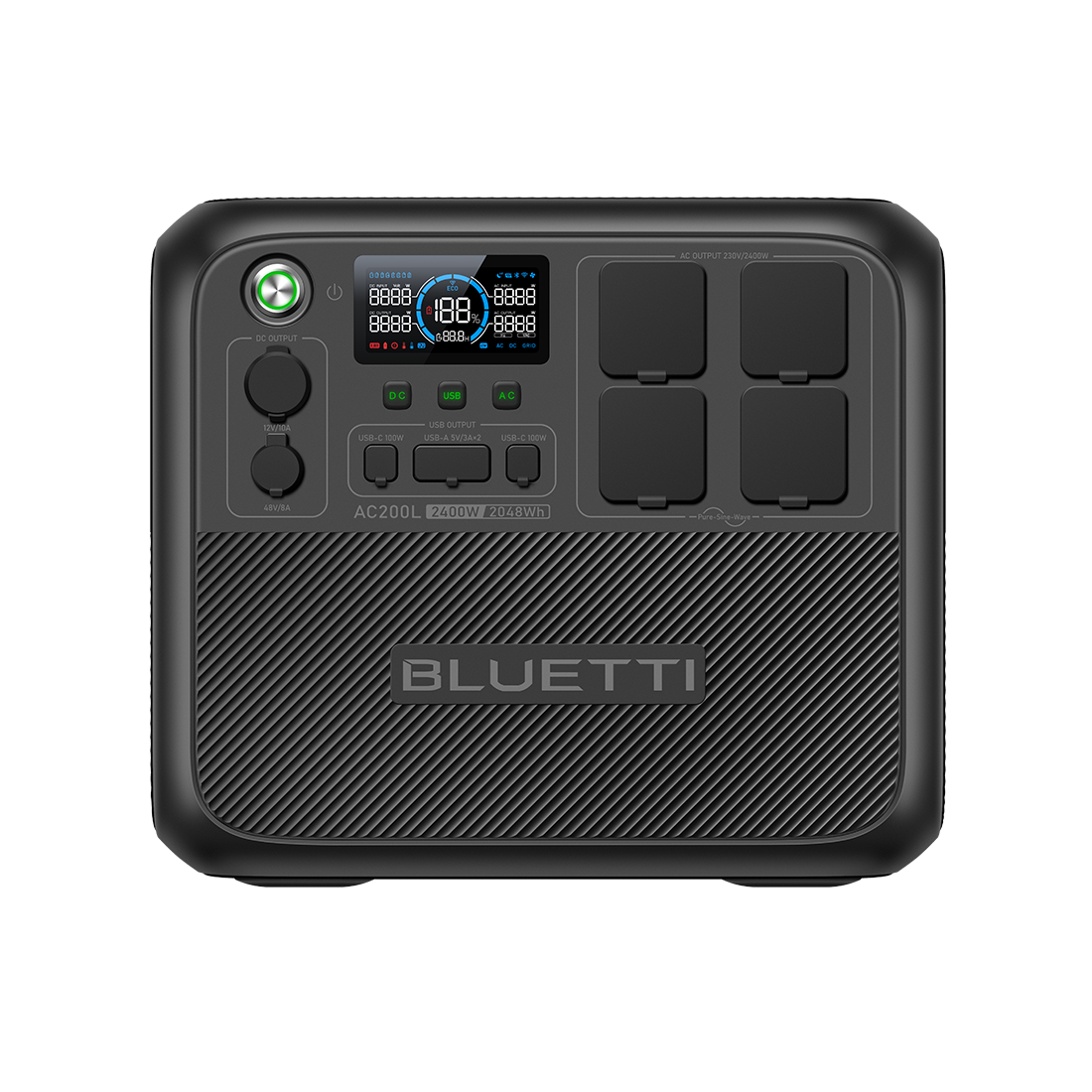 BLUETTI AC200L Powerstation Frontansicht mit Display und vier Schuko-Steckdosen