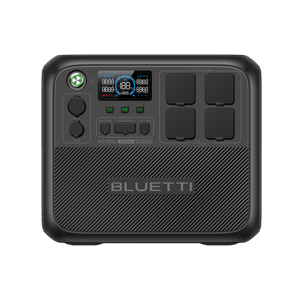 BLUETTI AC200L Powerstation Frontansicht mit Display und vier Schuko-Steckdosen