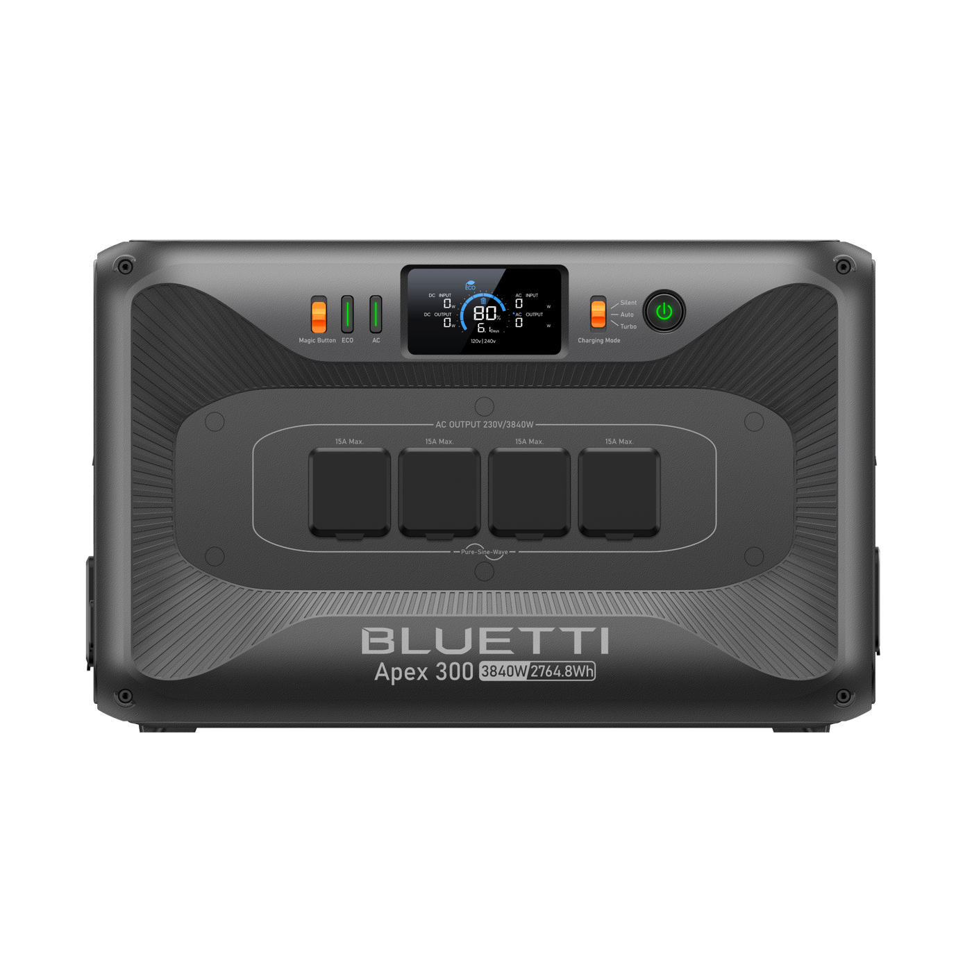 BLUETTI Apex 300 Heimspeicher Frontansicht mit Display und vier Schuko-Steckdosen