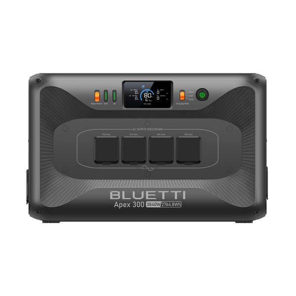 BLUETTI Apex 300 Heimspeicher Frontansicht mit Display und vier Schuko-Steckdosen