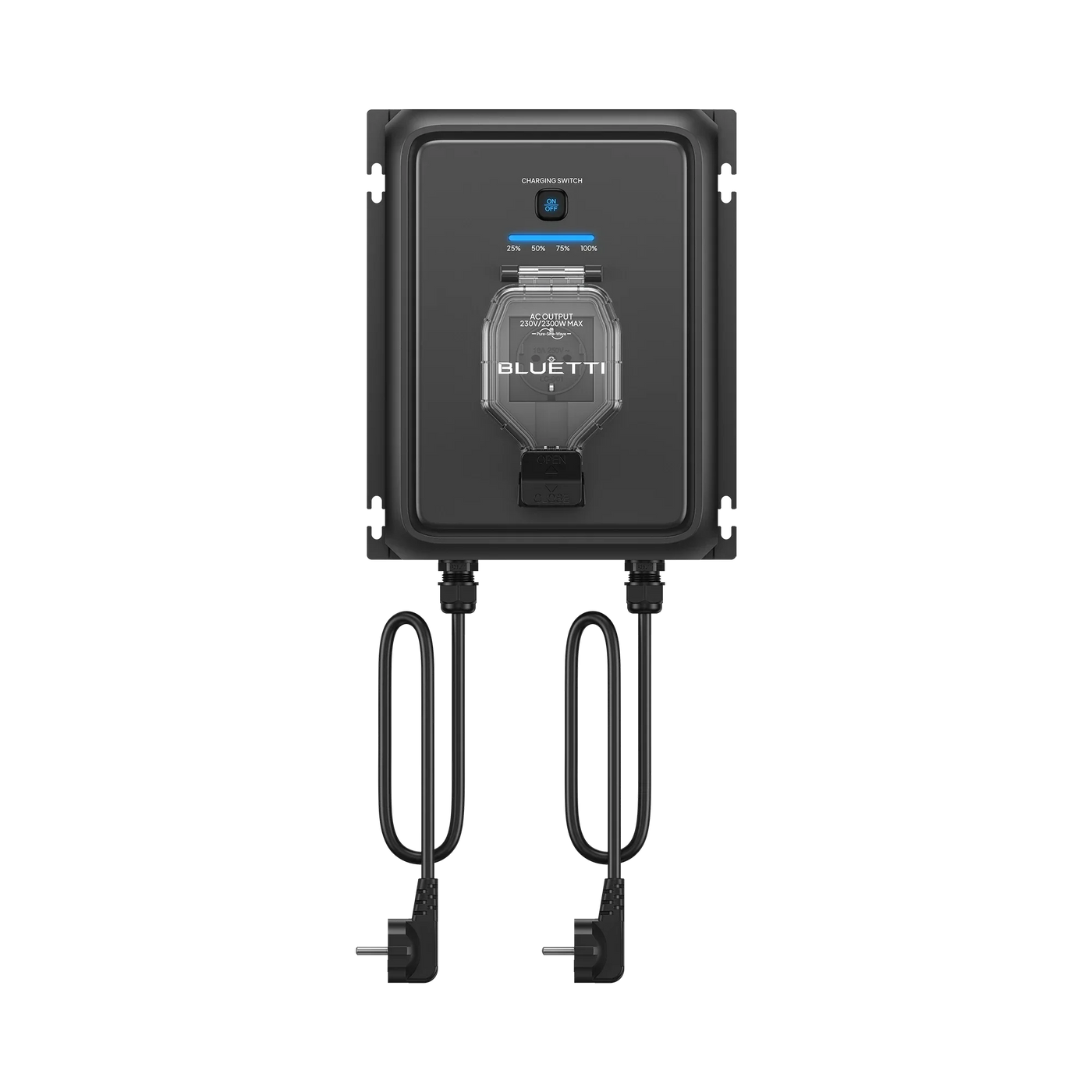 BLUETTI Balco Transfer Hub Frontansicht mit Anschlusskabeln und Schuko-Stecker