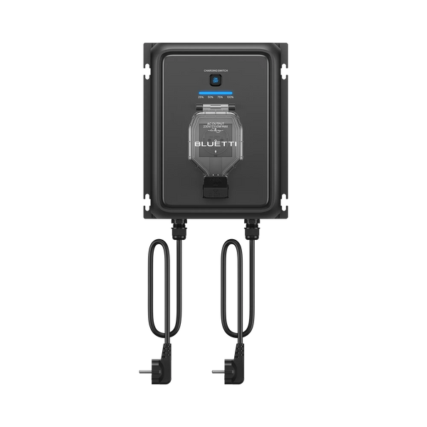 BLUETTI Balco Transfer Hub Frontansicht mit Anschlusskabeln und Schuko-Stecker