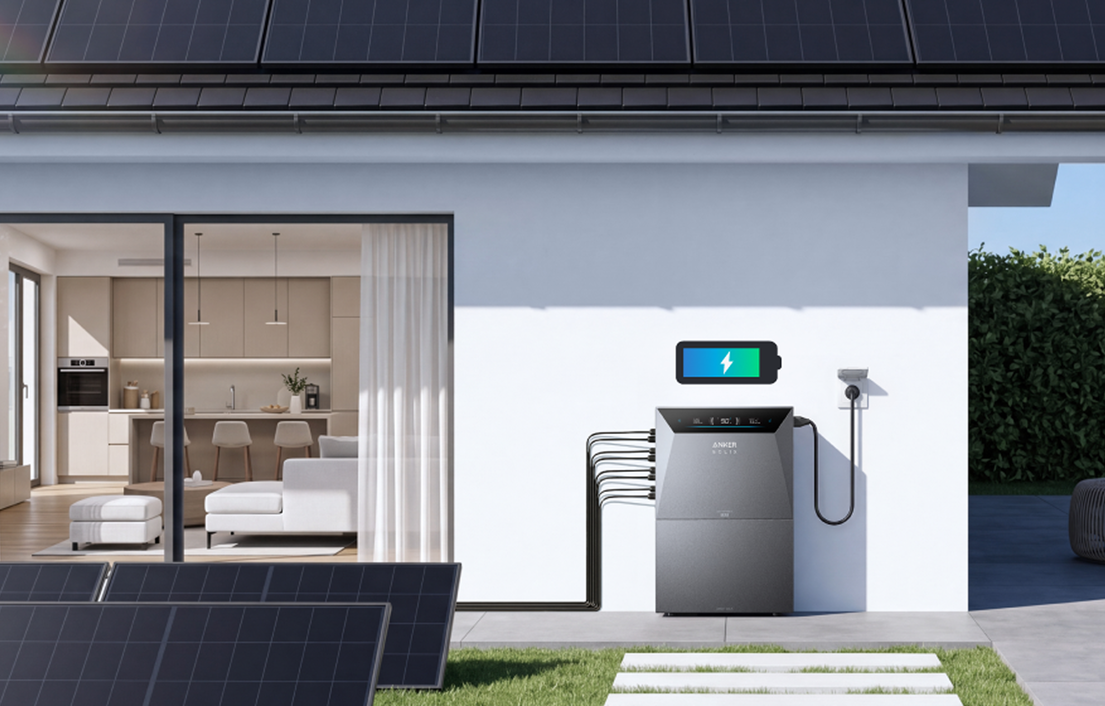 Anker SOLIX Solarbank 4 E5000 Pro an einer Hauswand neben Solarmodulen