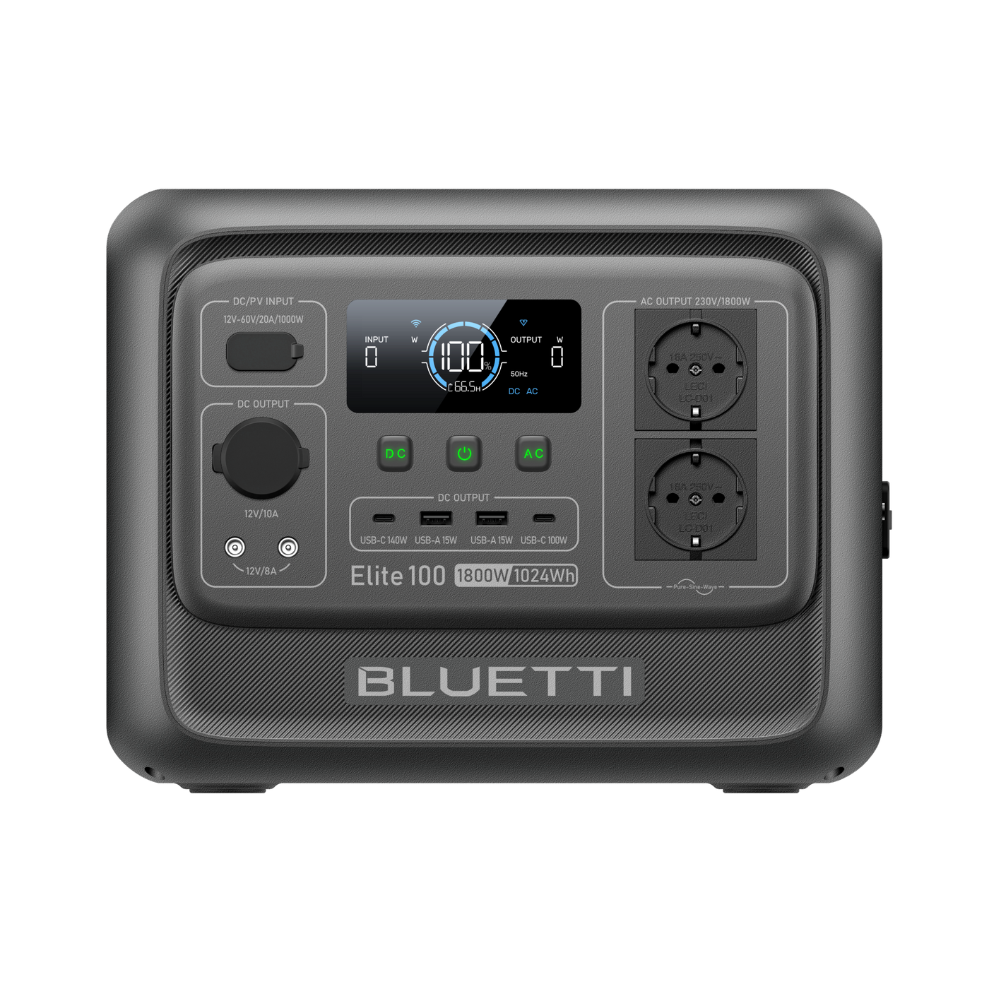 BLUETTI Elite 100 V2 Powerstation Frontansicht mit Display und zwei Schuko-Steckdosen