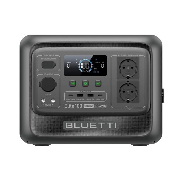 BLUETTI Elite 100 V2 Powerstation Frontansicht mit Display und zwei Schuko-Steckdosen