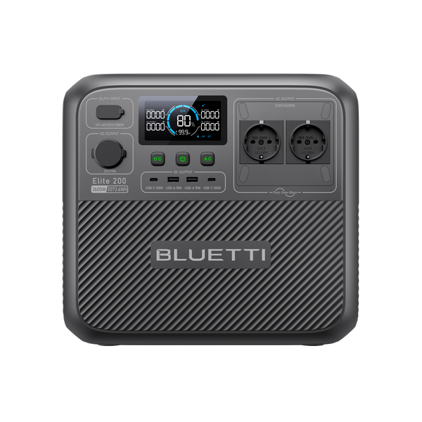 BLUETTI Elite 200 V2 Powerstation Frontansicht mit Display und zwei Schuko-Steckdosen