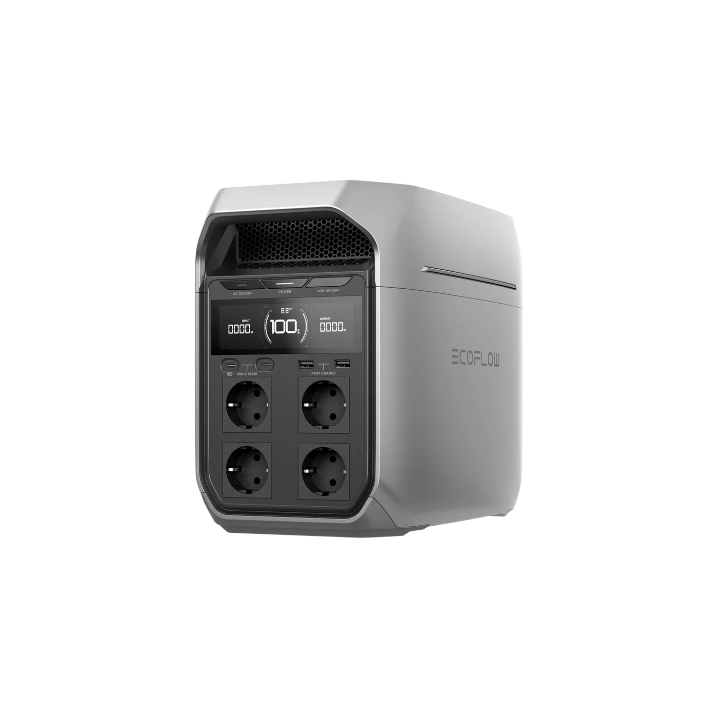 EcoFlow DELTA 3 Plus Powerstation in Frontansicht mit Display und Steckdosen